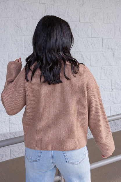 Women's cocoa brown ribbed knit sweater by Wishlist showing up close back view