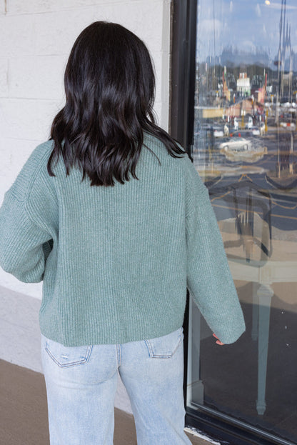 Women's pistachio green ribbed knit sweater by Wishlist showing up close back view