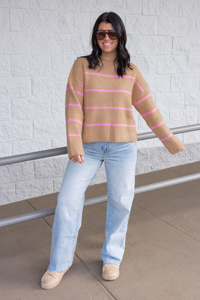 Women's taupe ribbed knit sweater with pink stripes by Wishlist, perfect for cooler weather