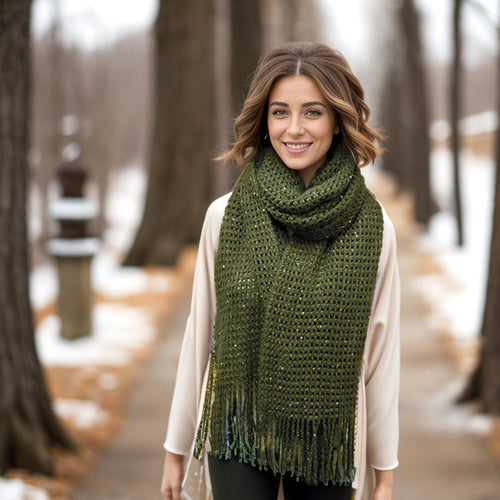 Rila - Knitted Long Scarf with Sequins - Dark Green