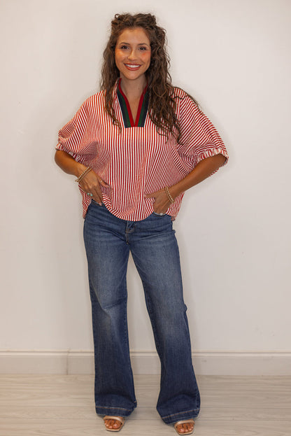 Women's brick red striped short sleeve top with color block detailed v neckline