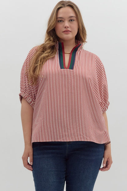 Women's brick red and ivory striped dolman top by Entro in plus