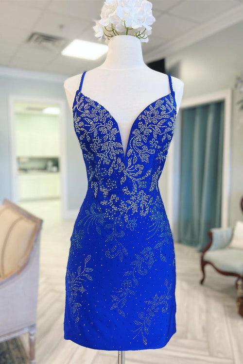 Royal Blue Beaded Plunge V Lace-Up Short Homecoming Dress