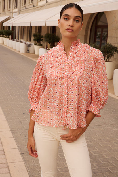 Ruffle Front Button Blouse- Aster Pink