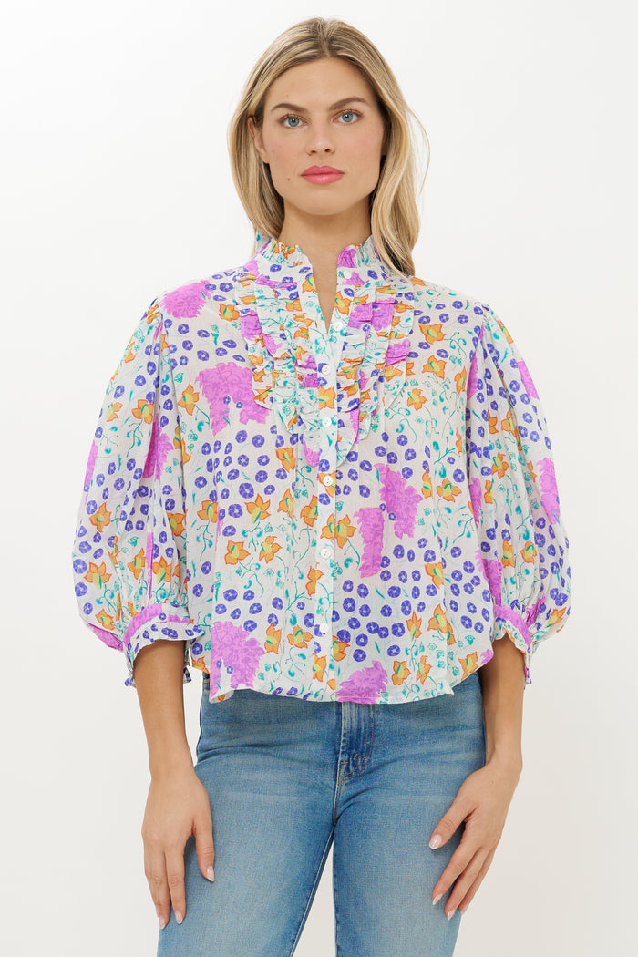 Ruffle Front Button Blouse- Fleur Lilac