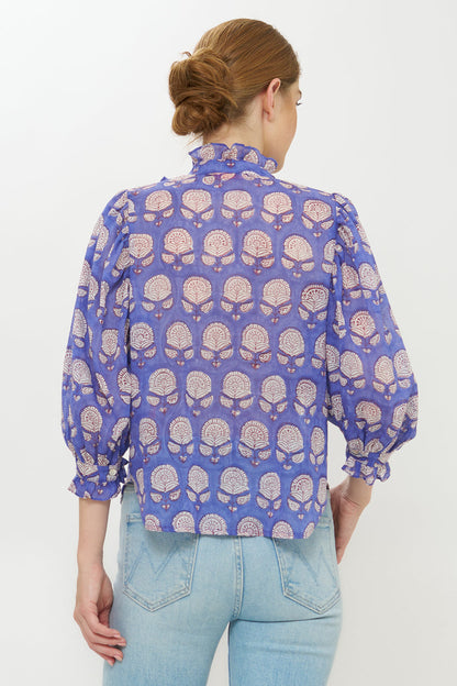 Ruffle Front Button Blouse- Trento Cobalt