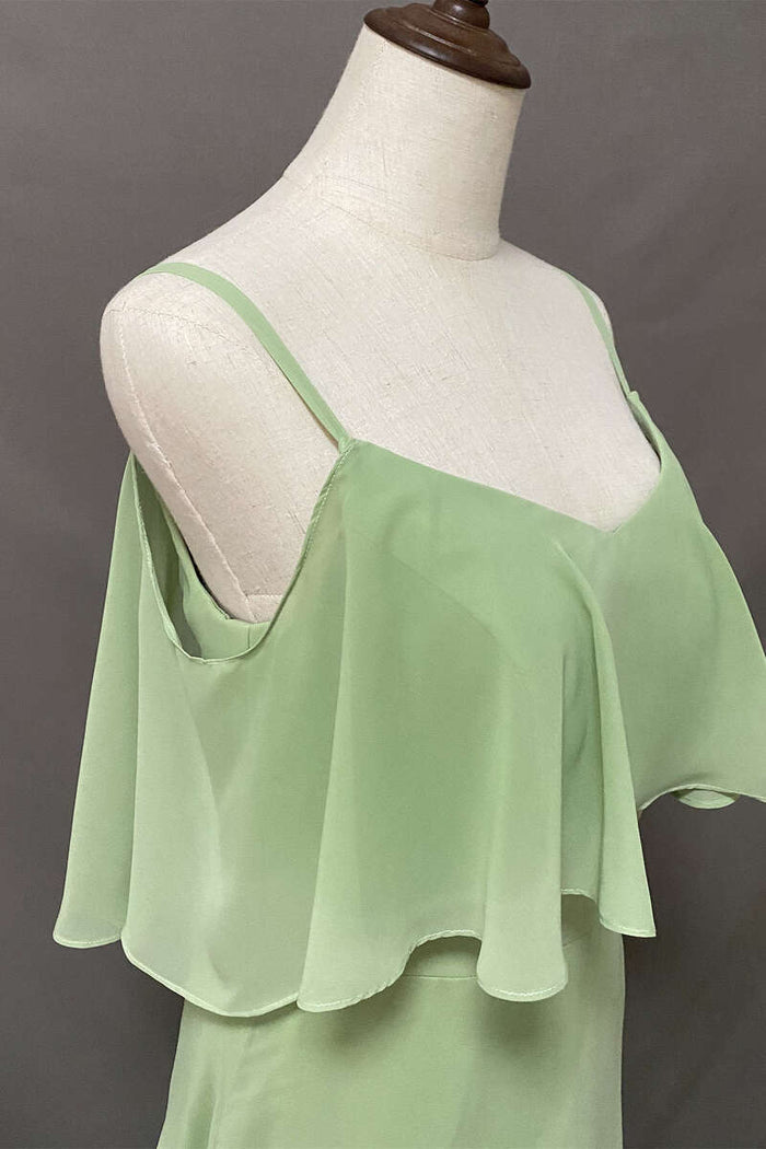 Ruffles Sage Green Straps A-Line Long Bridesmaid Dress with Slit