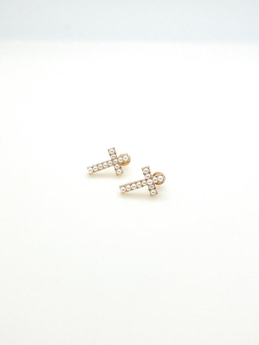 Gold with small pearl detail cross stud earrings