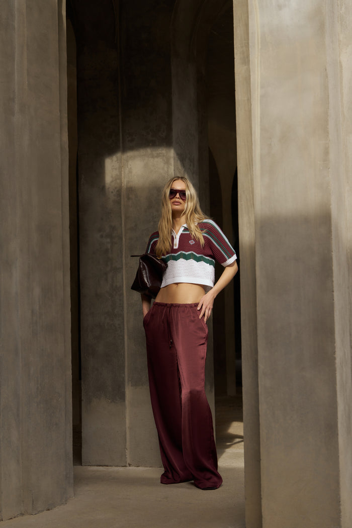 SATIN WIDE LEG EMBLEM TROUSERS - BURGUNDY