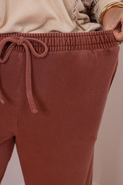 Women's washed terra-cotta terry knit wide leg jogger pants by Blu Pepper showing elastic waistband
