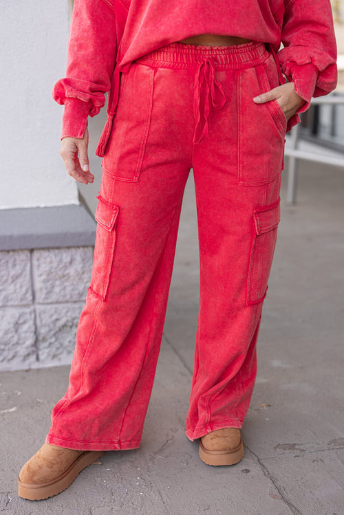 Women's washed red french terry knit wide leg cargo pants by ee:some