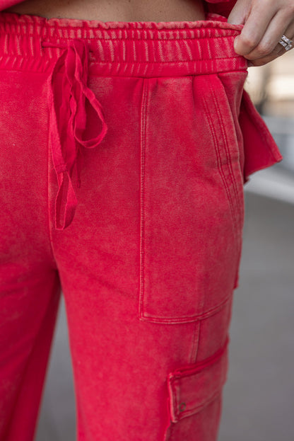 Women's washed red french terry knit wide leg cargo pants by ee:some showing elastic waistband