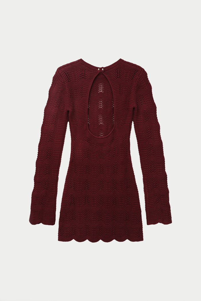 SCALLOP EDGE KNITTED MINI DRESS - BURGUNDY