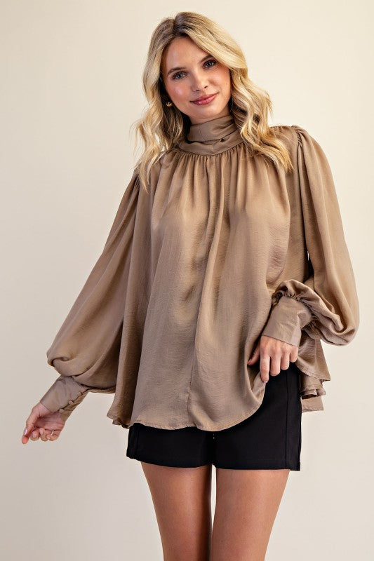 Women's taupe shimmering satin mock neck top with bow tie back