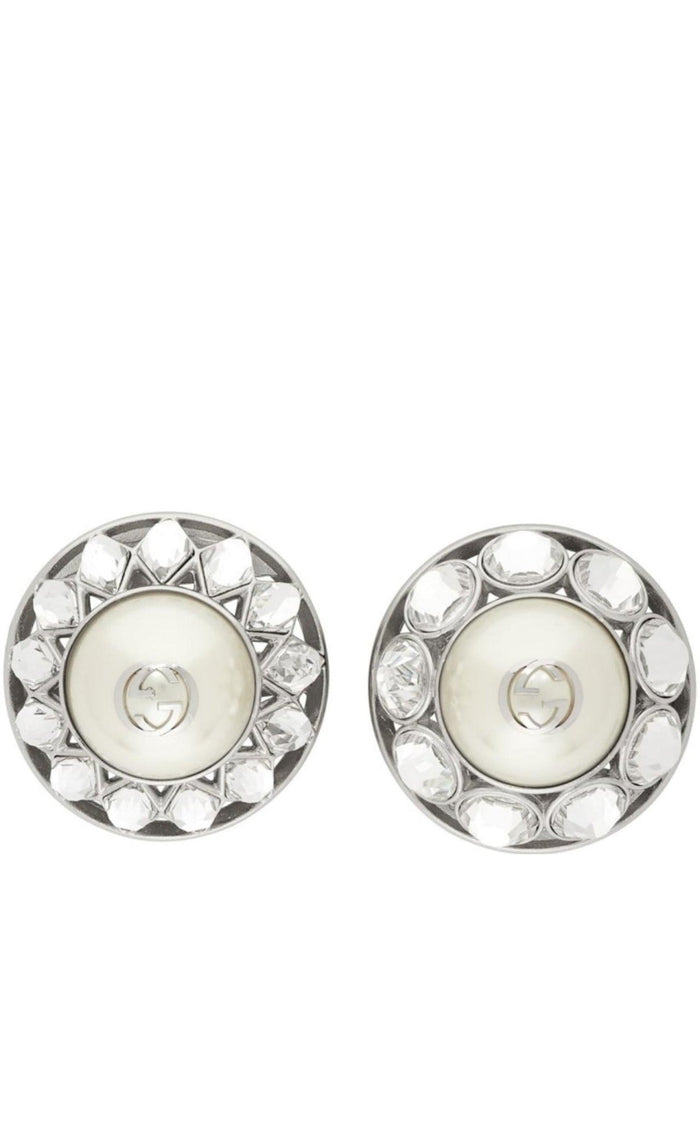 Gucci Silver Crystal & Pearl Interlocking G Earrings - Runway Catalog