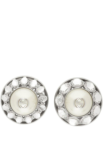 Gucci Silver Crystal & Pearl Interlocking G Earrings - Runway Catalog