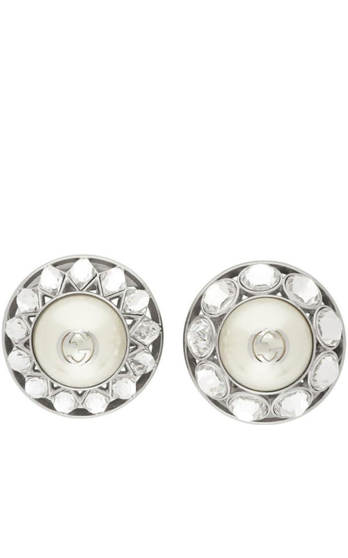 Gucci Silver Crystal & Pearl Interlocking G Earrings - Runway Catalog