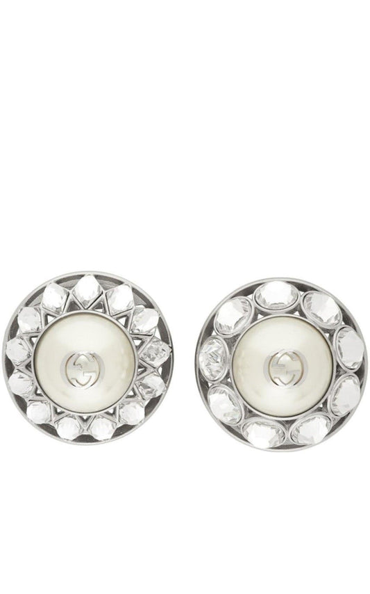 Gucci Silver Crystal & Pearl Interlocking G Earrings - Runway Catalog