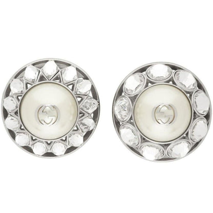 Gucci Silver Crystal & Pearl Interlocking G Earrings - Runway Catalog