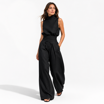 Sleeveless two piece pant set for women with easy relaxed fit and modern summer style