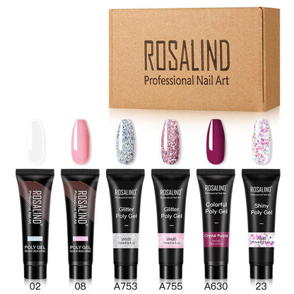 Rosalind nail art poly gel set with various colors and a branded box.