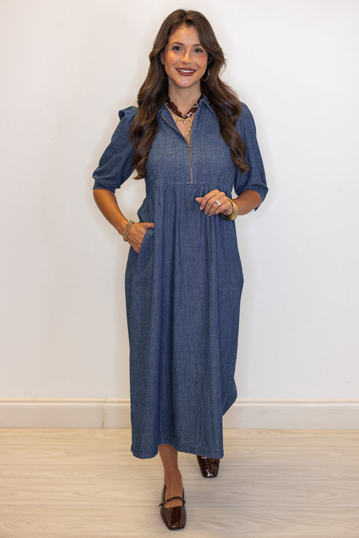 dark blue denim chambray midi dress