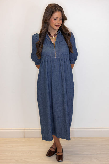 dark blue denim chambray long dress