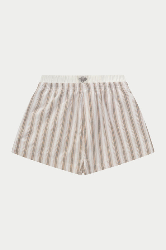 STRIPE BOXER WAISTBAND WOVEN SHORTS - BEIGE
