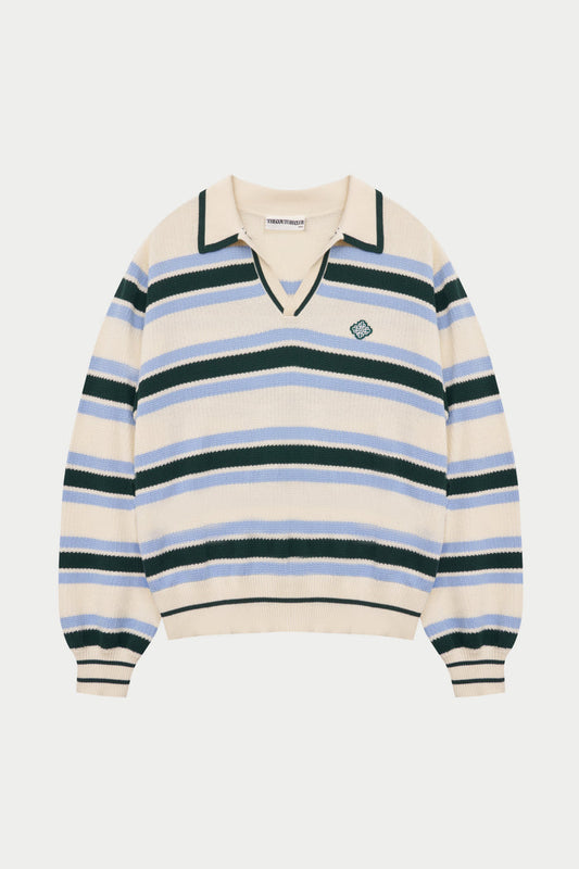 STRIPE KNITTED POLO SWEATSHIRT - OFF WHITE