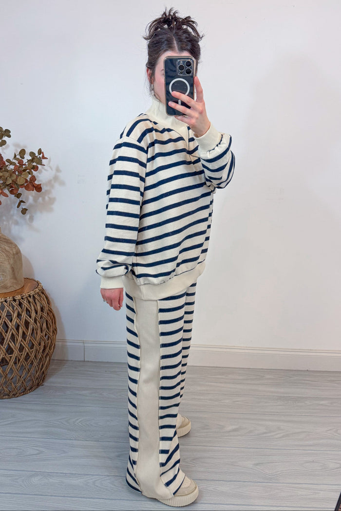 mock neck navy stripe matching top and pants set side