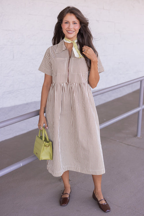 Women's chocolate and cream striped twill midi dress with zip front bodice by Wishlist