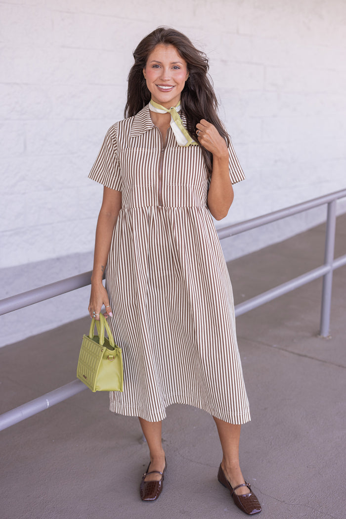 Women's chocolate and cream striped twill midi dress with zip front bodice by Wishlist showing full front view