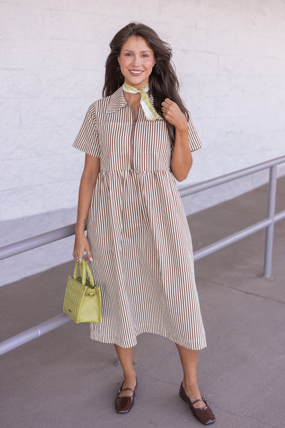 Women's chocolate and cream striped twill midi dress with zip front bodice by Wishlist showing full front view