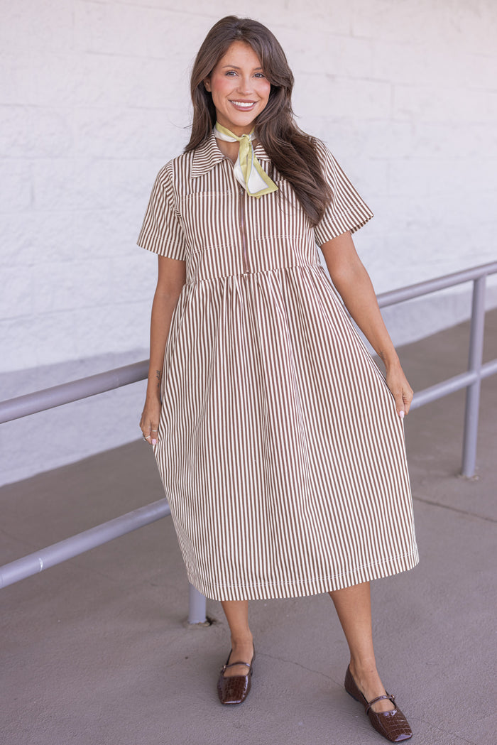 Women's chocolate and cream striped twill midi dress by Wishlist showing relaxed silouhette