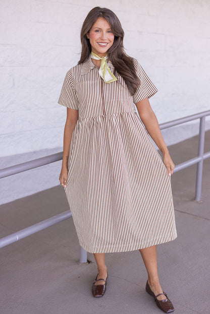 Women's chocolate and cream striped twill midi dress by Wishlist showing relaxed silouhette