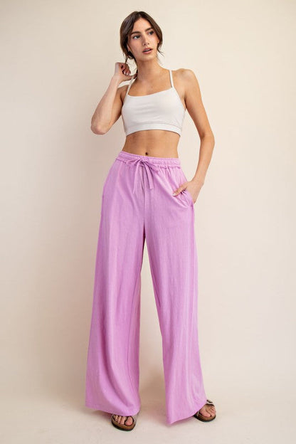 Pink cotton slub knit wide leg pants by Rae Mode showing full front view