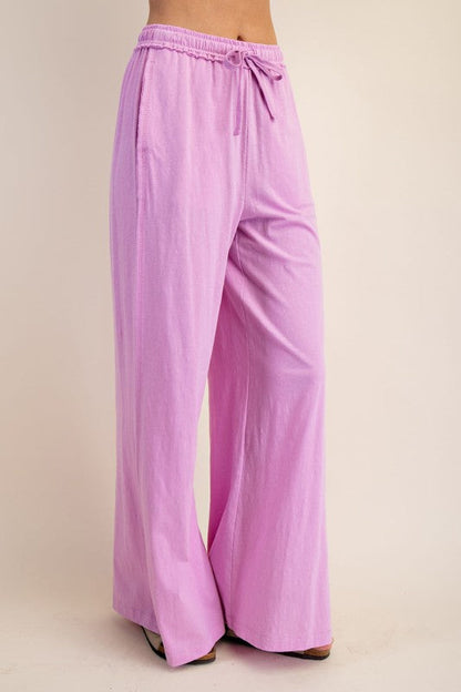 Pink cotton slub knit wide leg pants by Rae Mode showing side view