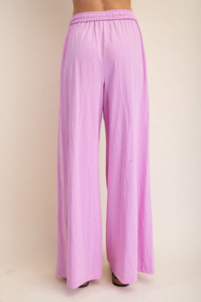 Pink cotton slub knit wide leg pants by Rae Mode showing back view