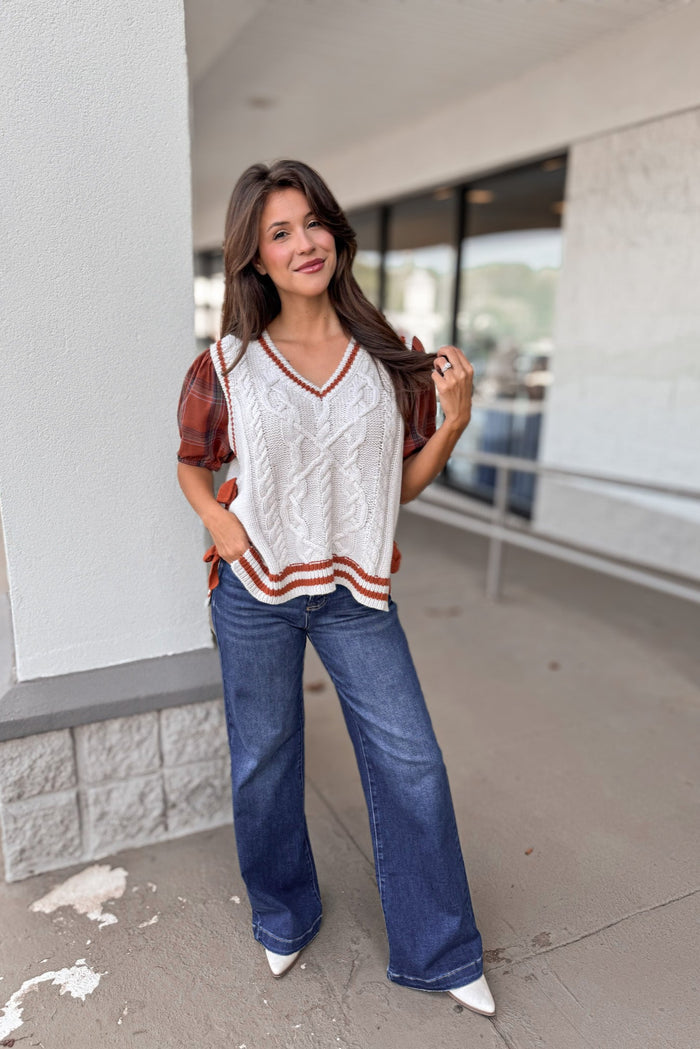 dark rust ivory plaid sweater vest top