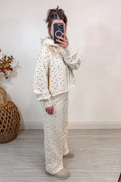 floral print cream print matching sweatshirt pants set side