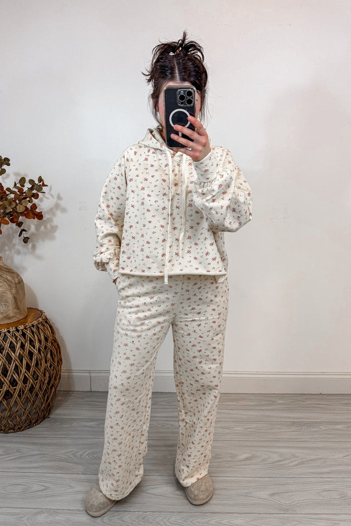floral print cream print matching sweatshirt pants set full