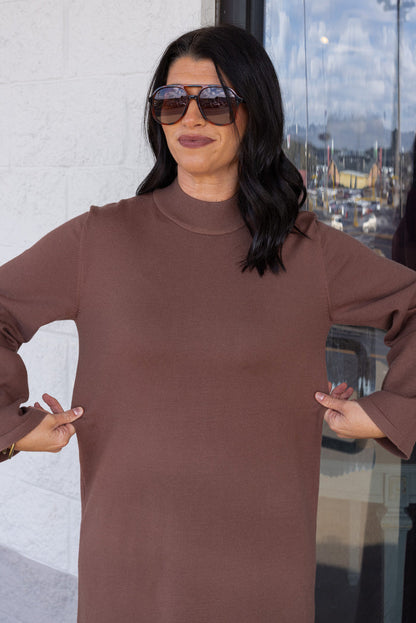 Women's coffee brown knit long sleeve midi sweater dress by Entro showing true to size fit