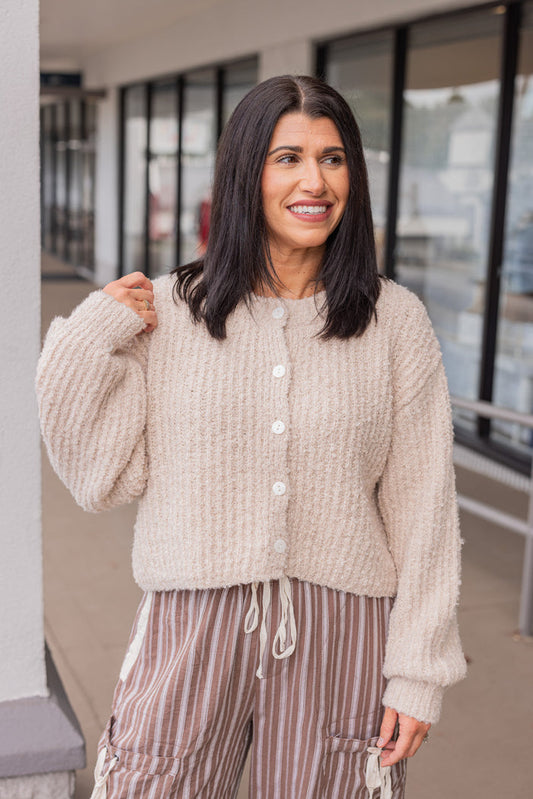 light tan fuzzy soft knit sweater cardigan top
