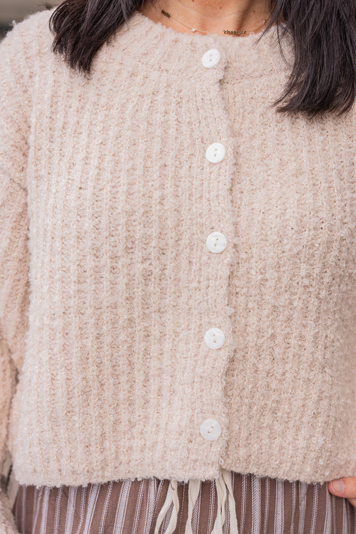 light tan fuzzy soft knit sweater cardigan tops