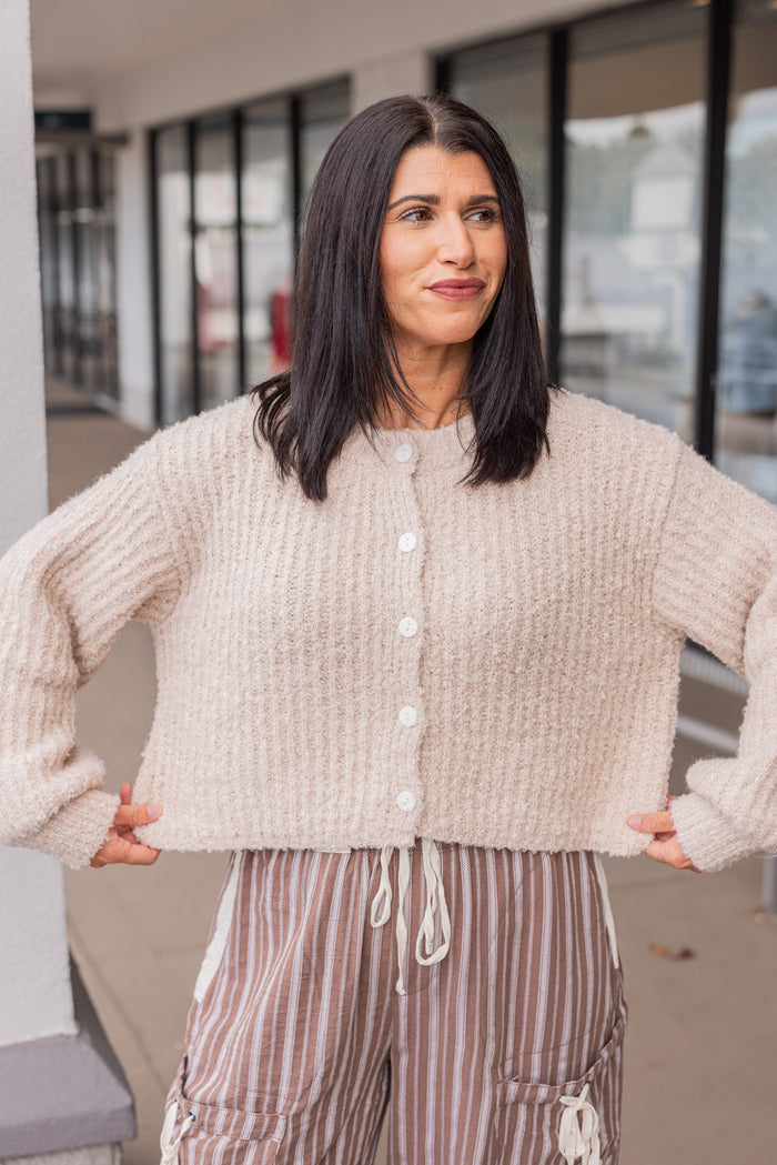 light beige fuzzy soft knit sweater cardigan top