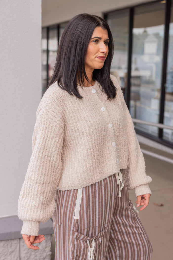 light tan fuzzy soft knit sweater cardigan top