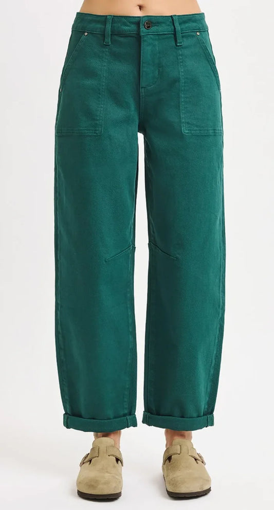 Risen Jeans hunter green ankle cuffed denim barrel pants with no rips