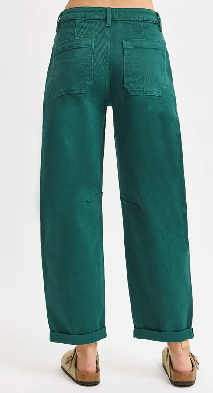 Risen Jeans hunter green ankle cuffed denim barrel pants with no rips showing back view