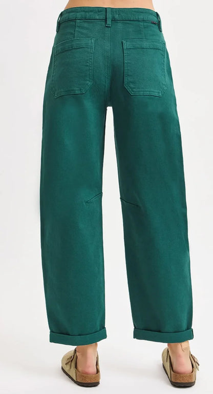 Risen Jeans hunter green ankle cuffed denim barrel pants with no rips showing back view