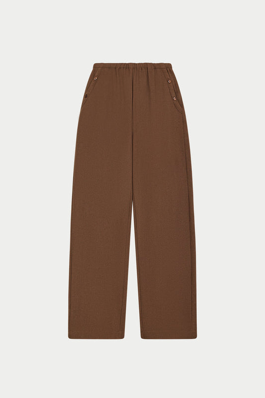 TEXTURED LINEN BUTTON DETAIL TROUSER - BROWN
